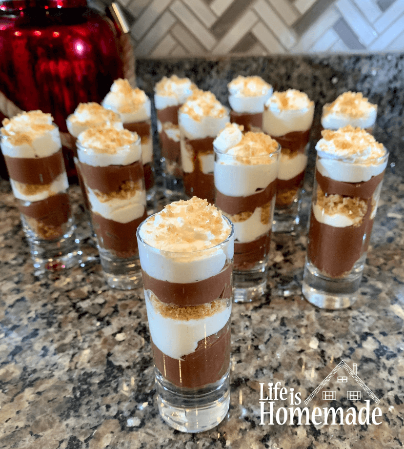 dessert shooters, chocolate pudding pie, homemade, from scratch, easy, layered chocolate dessert