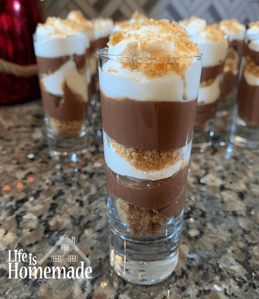 dessert shooters, chocolate pudding pie, homemade, from scratch, easy, layered chocolate dessert