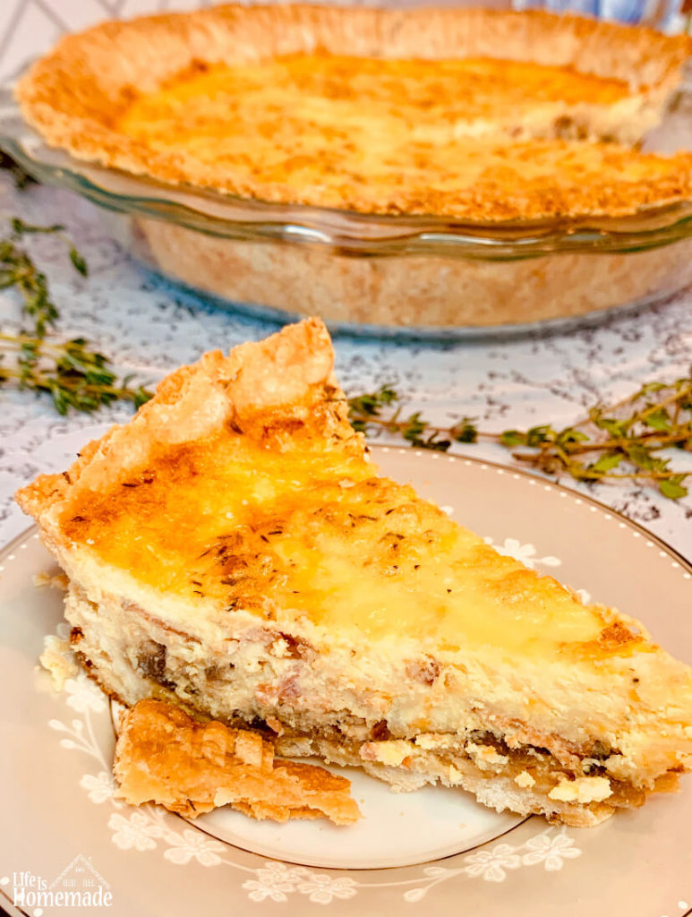 Bacon Gruyere Quiche, rosemary and thyme, fall recipes, roasted garlic, marsala red onions, gourmet quiche