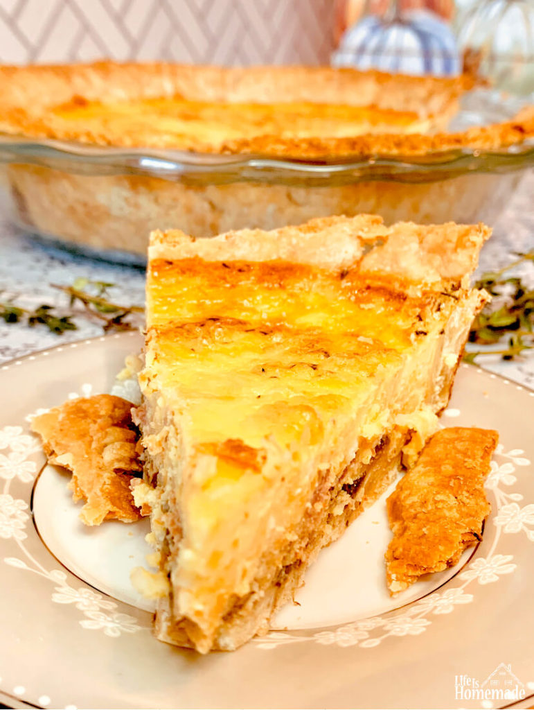 Bacon Gruyere Quiche, rosemary and thyme, fall recipes, roasted garlic, marsala red onions, gourmet quiche